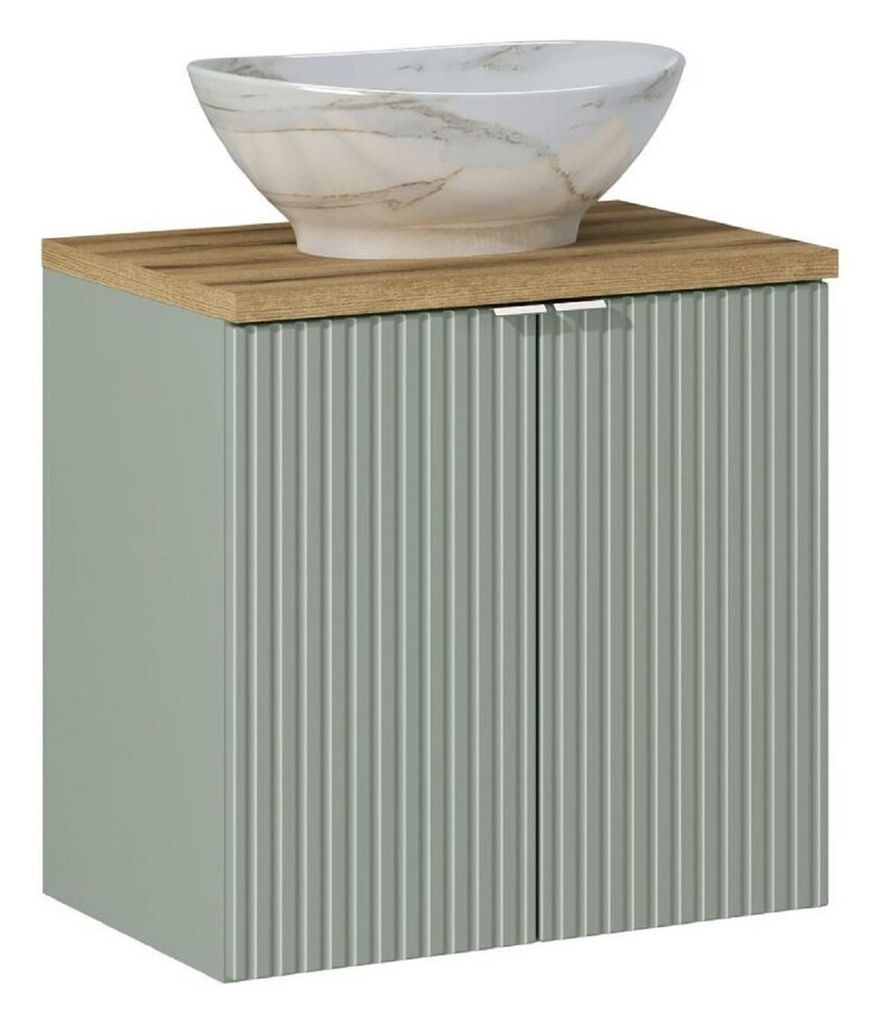 Badmöbel-Set Mit Aufsatzwaschtischen & Unterschrank Arbeitsplatte (60 cm), Line Reed Green L BM85- Schilfgrün/Evoke Eiche