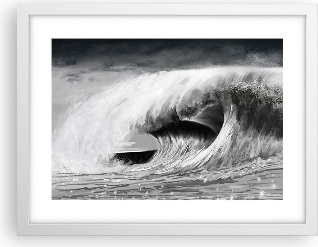 Gerahmtes Poster - Weißer Rahmen - Welle Zeichnung Schwarzweiß - 40x30 cm - Wand Bild - Wanddeko - Wandbilder - Wandposter - Bilderrahmen - Bilde...