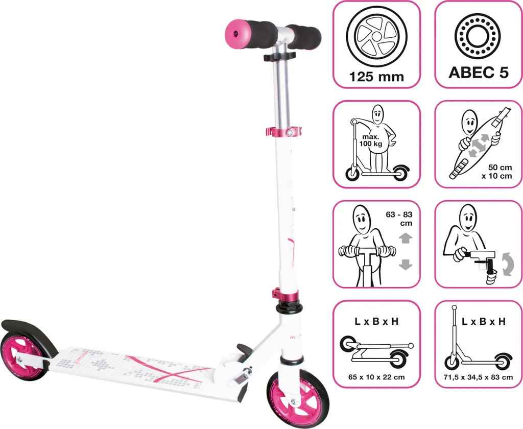 Trottinette de ville 125 mm rose et blanc pour loisirs et trajets