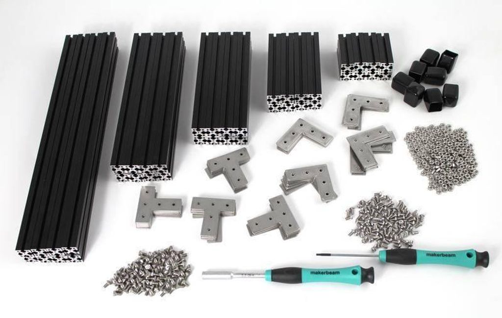 MakerBeamXL Premium Kit, schwarz eloxiert, 15x15mm Profile, Winkel, Eckwürfel, Schrauben, Box