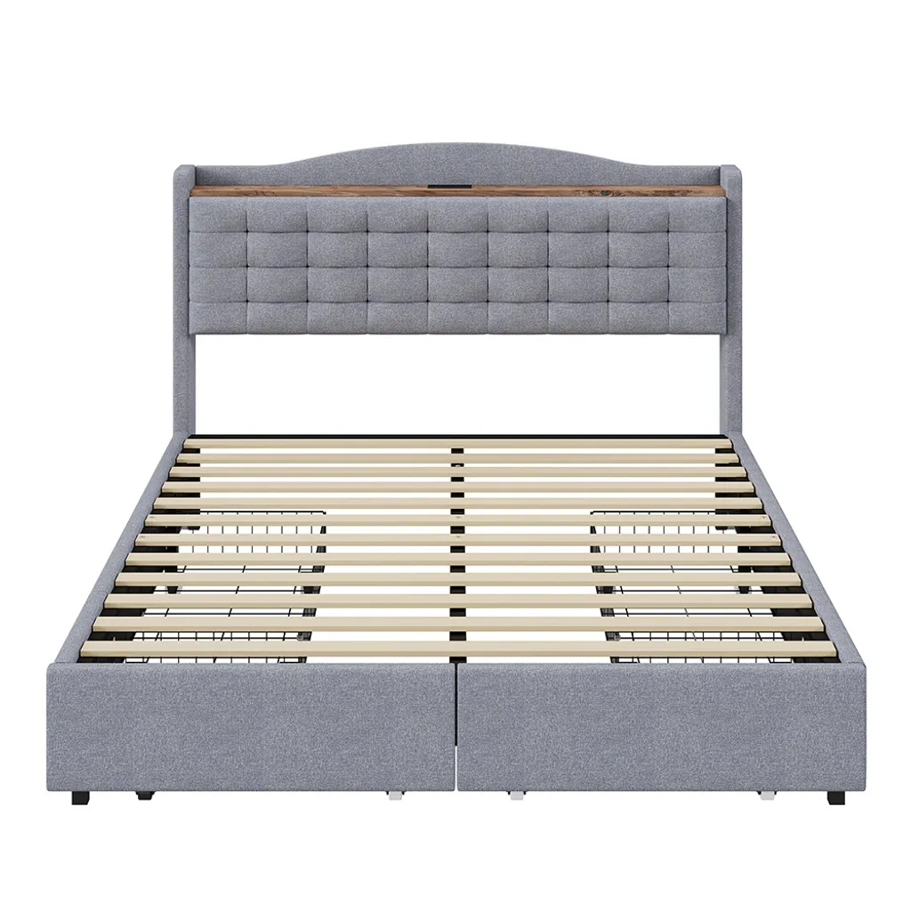 Sweiko Lit rembourré 140x200 cm gris en lin avec 4 tiroirs et prise USB