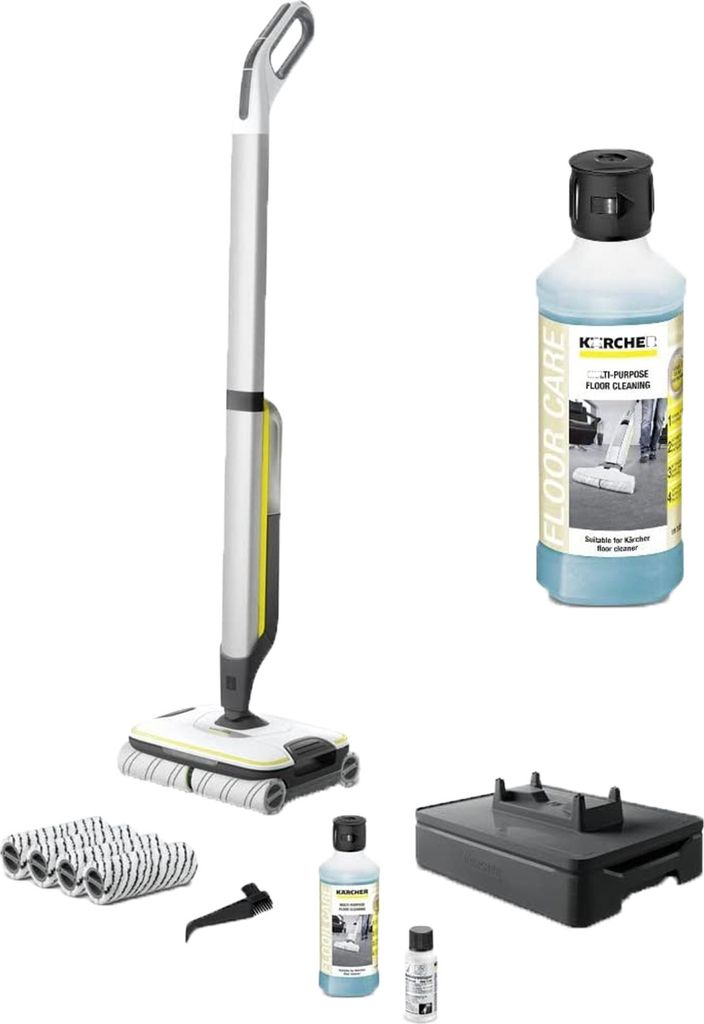 A collection of Kärcher floor cleaning products, including a cordless floor cleaner, cleaning fluid, and accessories, arranged on a white background.
