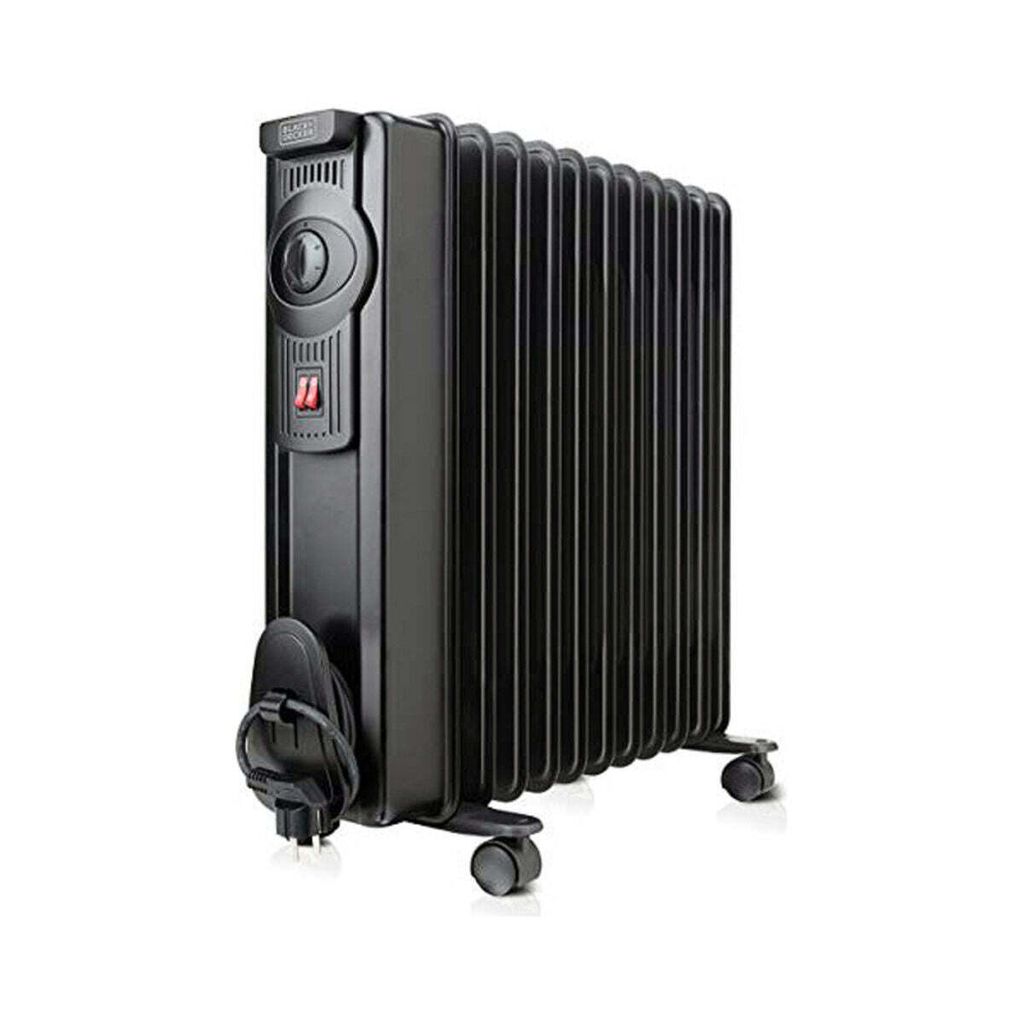 A black oil-filled electric radiator with wheels, shown against a white background.