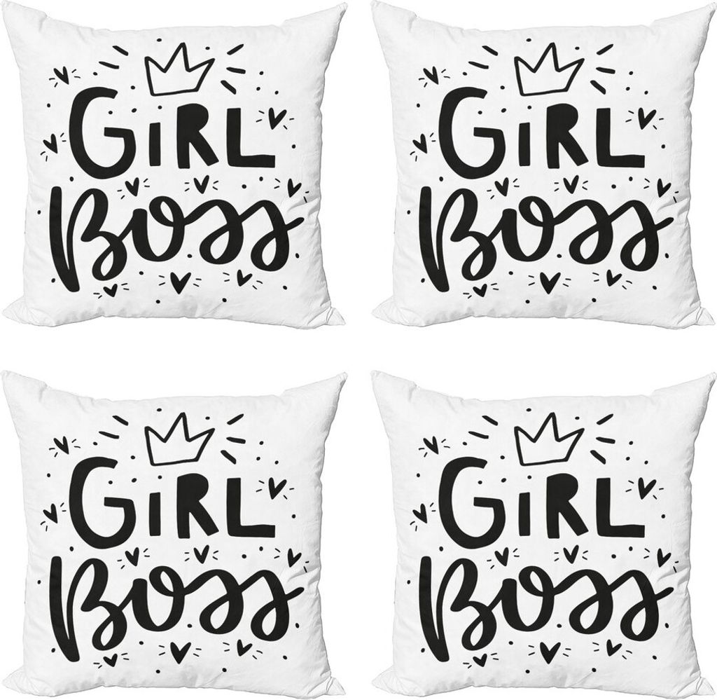 ABAKUHAUS Mädchen Boss Kissenbezug Set (4 Stück), Herz-Krone und Worte, Moderner Doppelseitiger Digitaldruck, 45 cm x 45 cm, Charcoal Grau und Weiß
