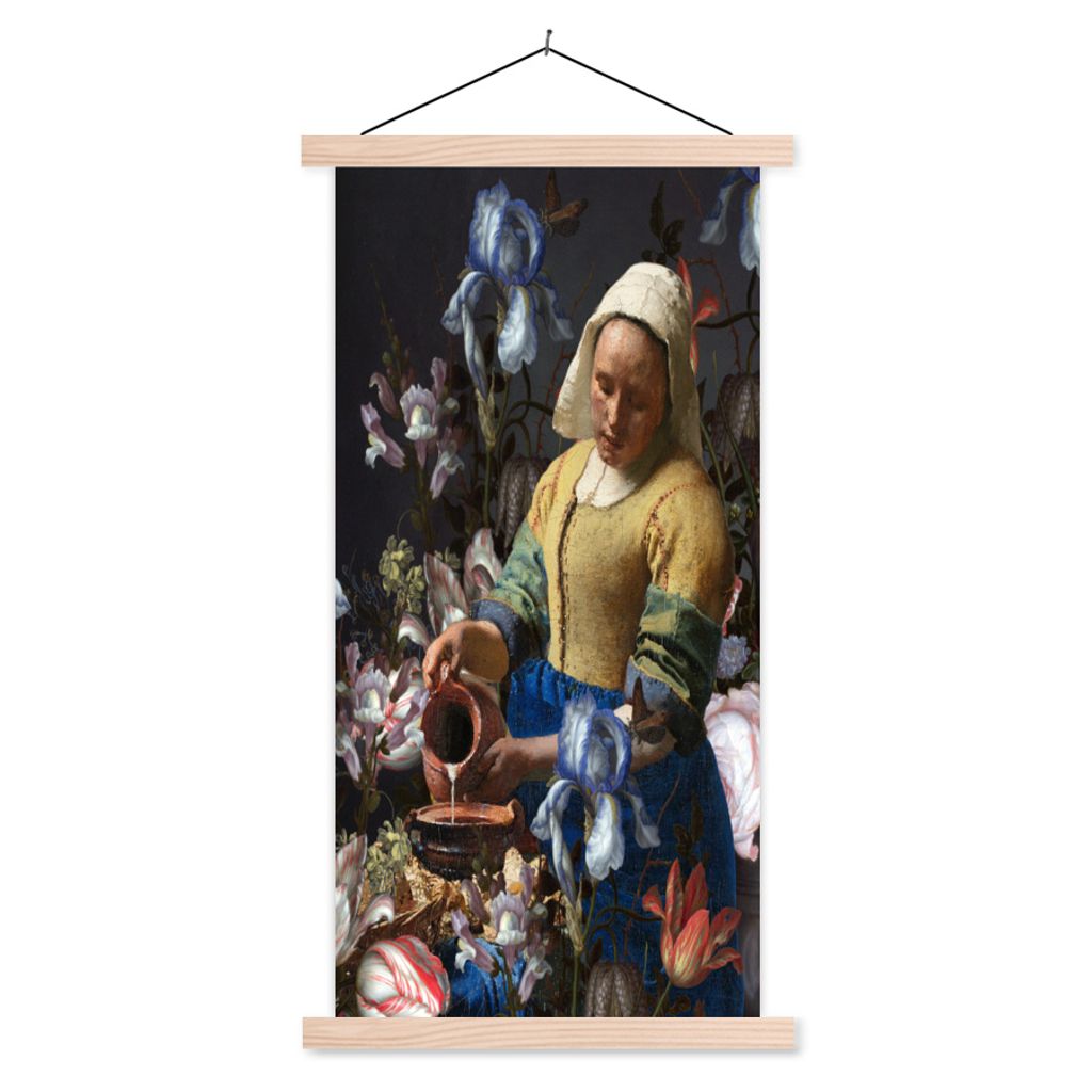 MuchoWow Textilposter Milchmädchen - Blumen - Regenbogen 40x80 cm mit holzfarbenen Rahmen - Wohnzimmer