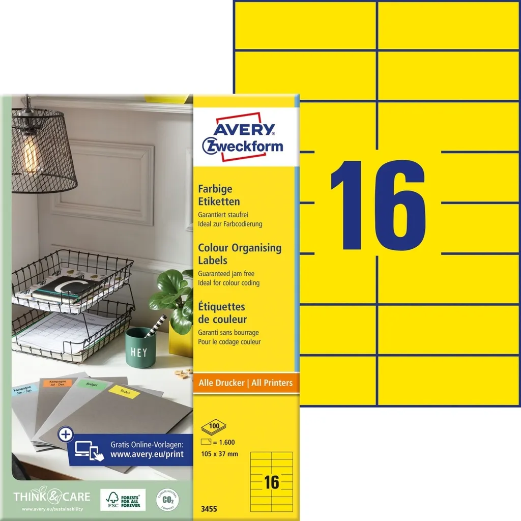 Planches d'étiquettes Jaunes 105x37 adhésives - Laser/Jet d'encre