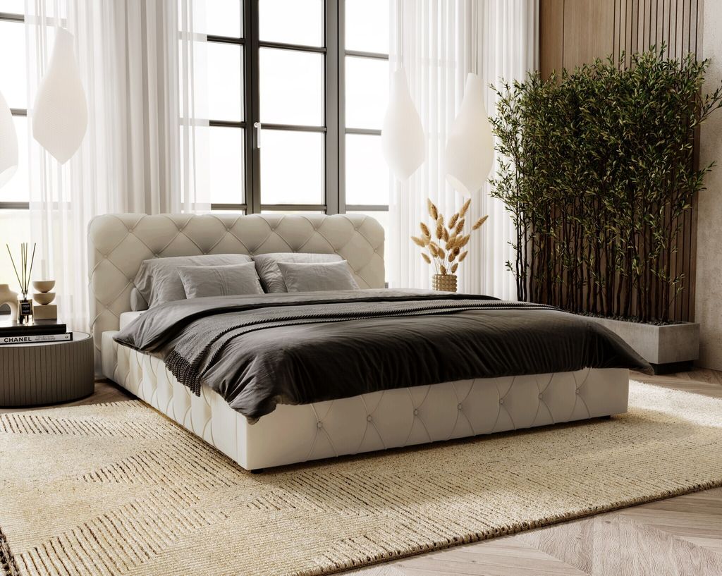 Polsterbett 200x200 glamour Alise - Doppelbett mit Bettkasten, Lattenrost, Schlafzimmer (Hellgrau - Amor Velvet 4318)