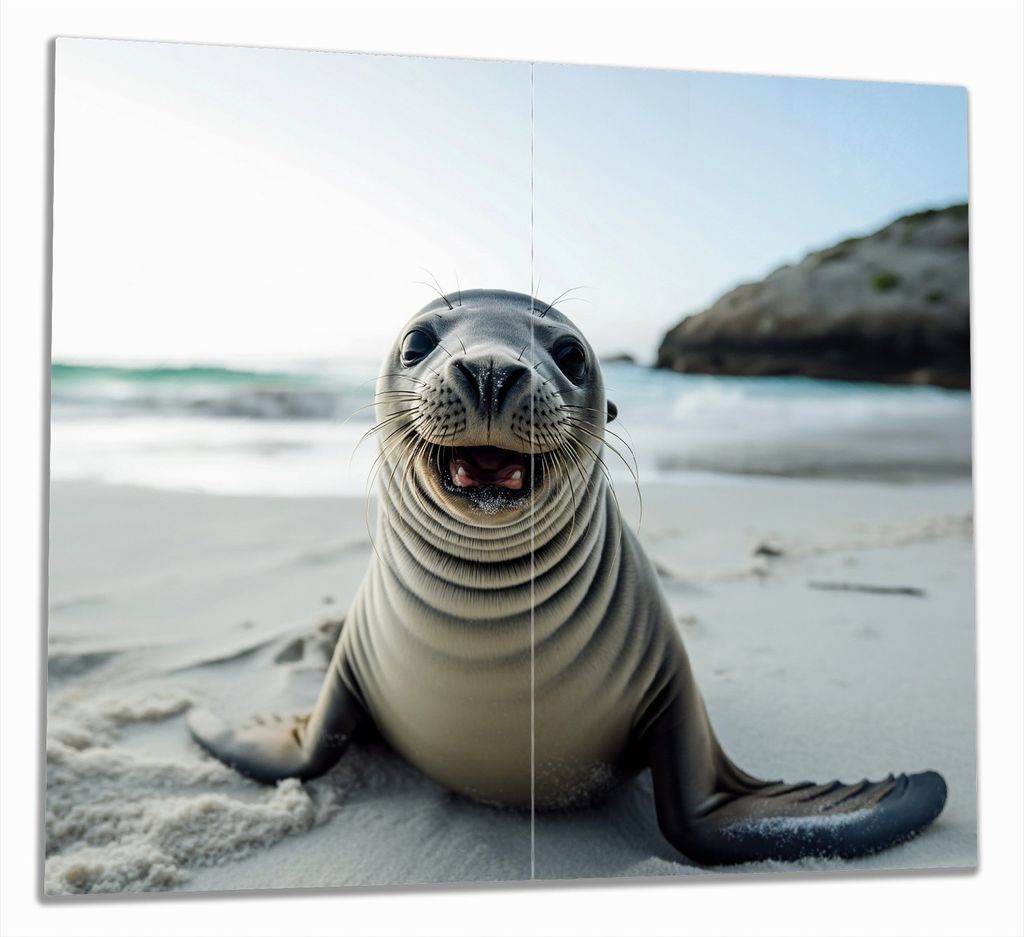 Wallario Herdabdeckplatte aus Glas, Größe 60 x 52 cm 2-teilig, Motiv Robbe am Strand