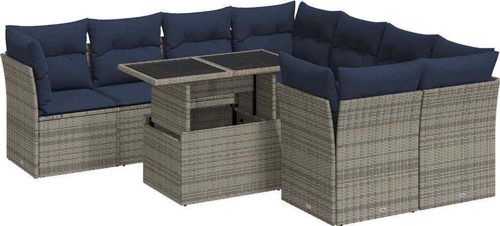 vidaXL 9-tlg. Garten-Sofagarnitur mit Kissen Grau Poly Rattan Akazie