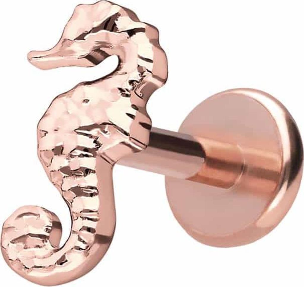 Ohrpiercing, Nasenpiercing Titan Labret mit Push Fit SEEPFERDCHEN RoséGold Stablänge: 7mm | Stabstärke: 1mm
