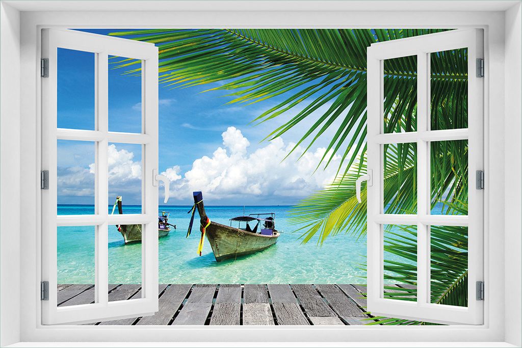 Wallario selbstklebendes Poster mit Fenster-Illusion - Sonnenboot in der Karibik, Größe: 61 x 91,50 cm