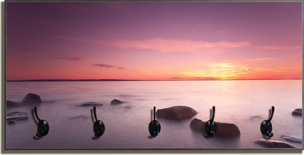 Wallario Flurgarderobe Wandgarderobe aus Holz, mit 5 Haken, Größe 80 x 40 cm, Motiv Nebel am See bei Sonnenuntergang