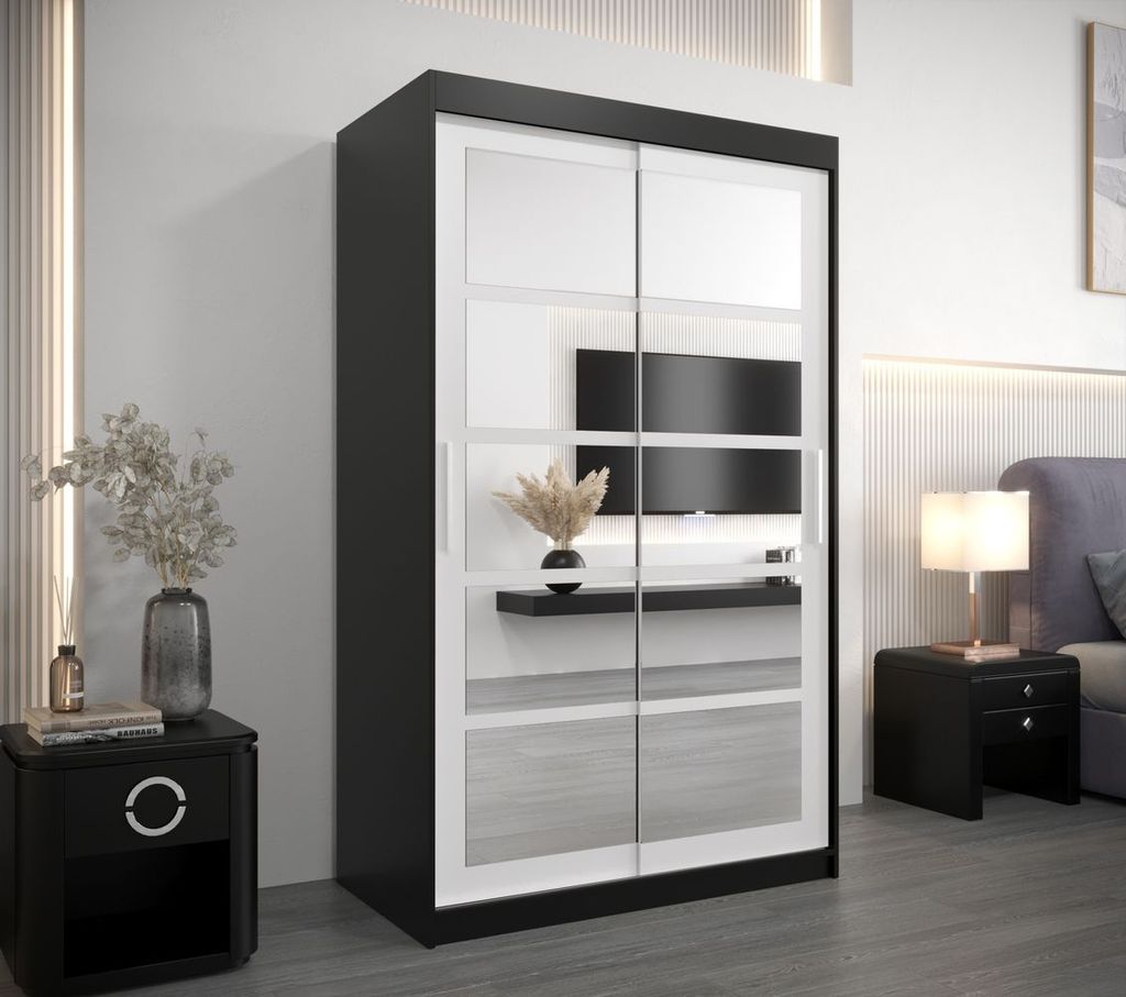 Kleiderschrank mit Spiegeln ANABEL – Breite 120 cm, schwarz/weiß