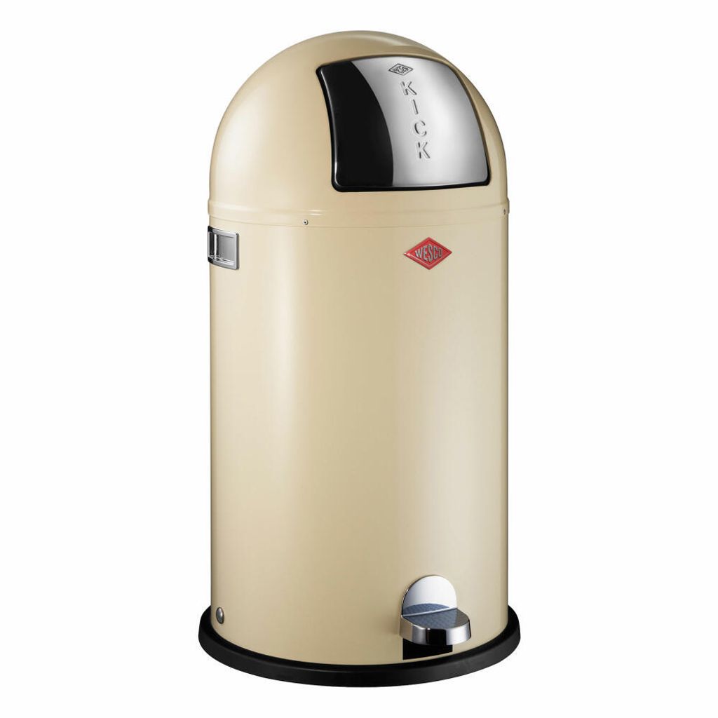 A cream-colored Wesco pedal bin with a silver lid and pedal, set against a white background.
