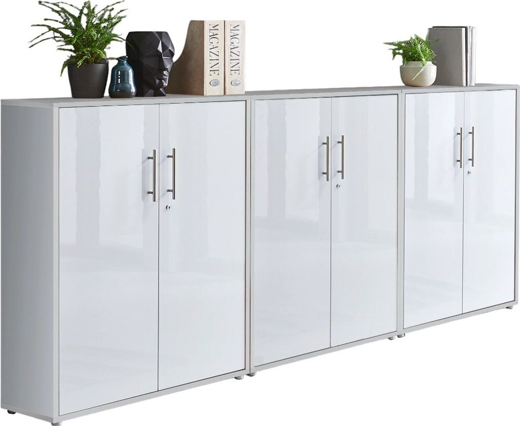 Aktenschrank TABOR 99 in lichtgrau / weiß Hochglanz, Schrankwand, Büroschrank, abschließbar, Metallgriffe