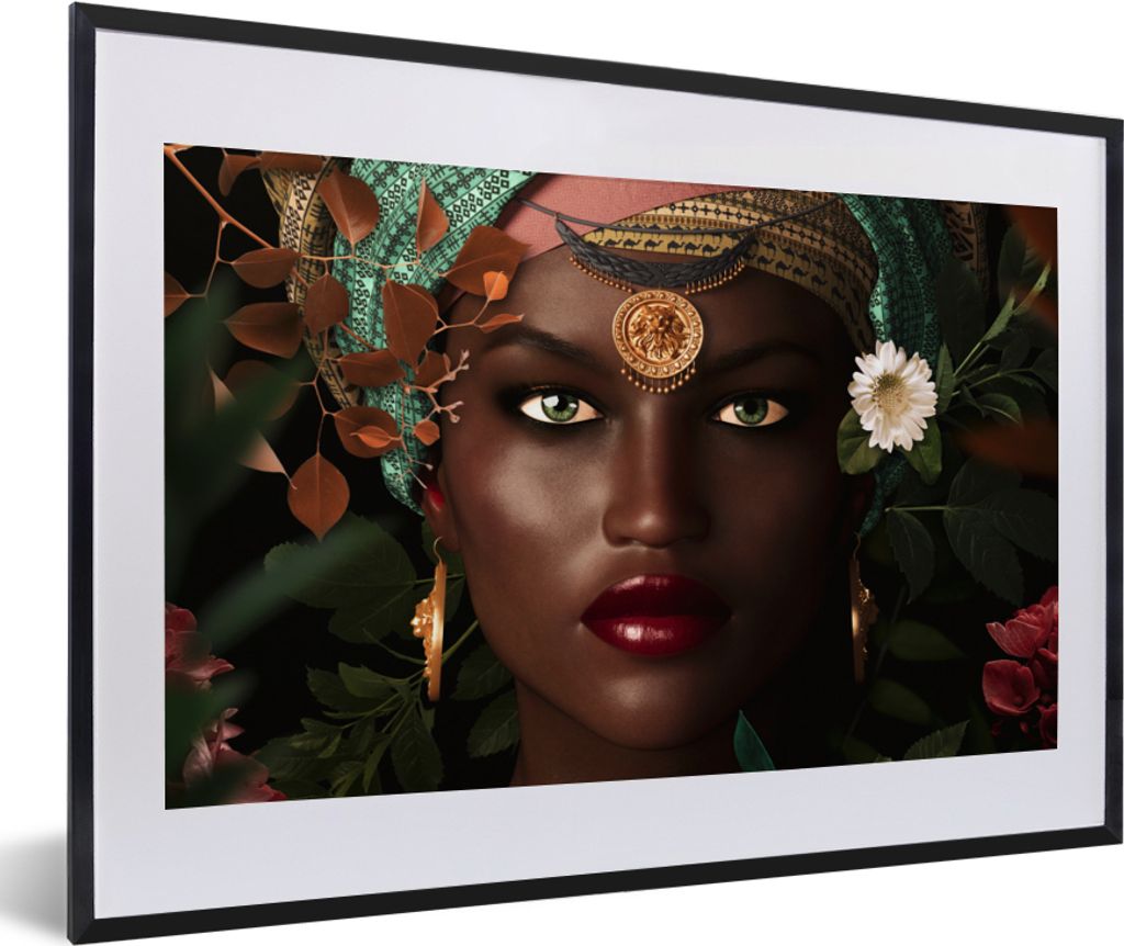 MuchoWow Gerahmtes Poster Frau - Blumen - Schmetterlinge - Pflanzen - Schmuck - Luxus 60x40 cm - Poster mit Schwarzem Bilderrahmen Wandposter Rah...