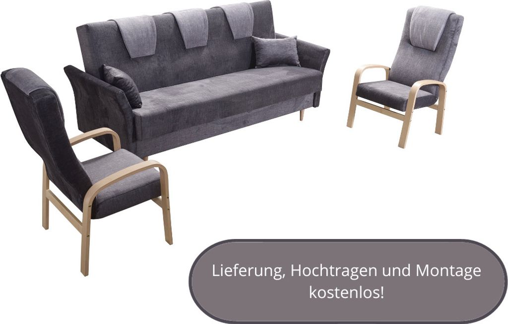Couch plus zwei Sessel BOSTON Sofa mit Schlaffunktion Bettkasten, zwei Kissen - Satz: 3 + 1 +1, verschiedene Farben - Anthrazit