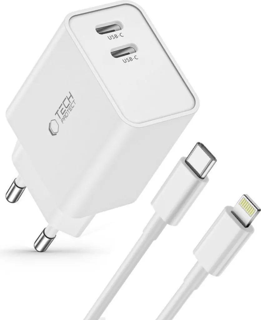 Alimentatore 2 Porte USB-C Tech-Protect C35W 35W + Cavo Lightning