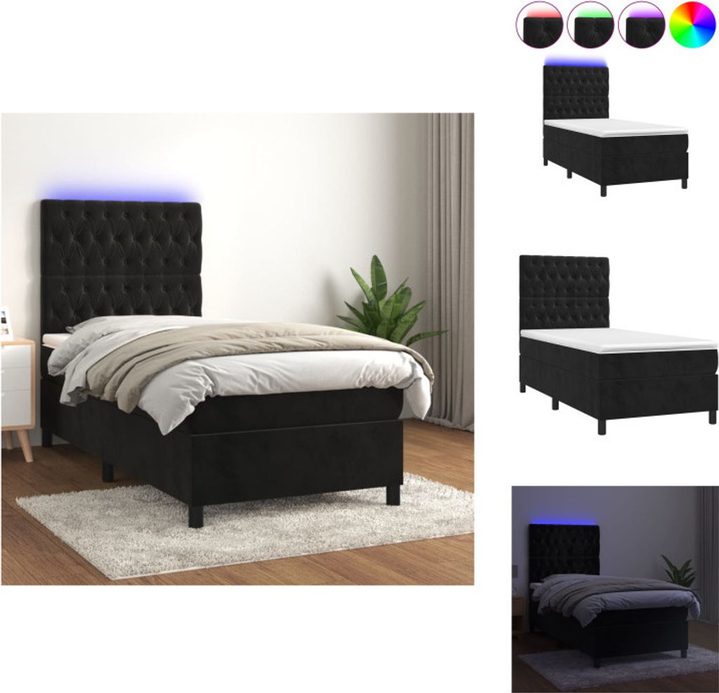 vidaXL Boxspringbett mit Matratze & LED Schwarz 90x200 cm Samt - Betten & Bettgestelle