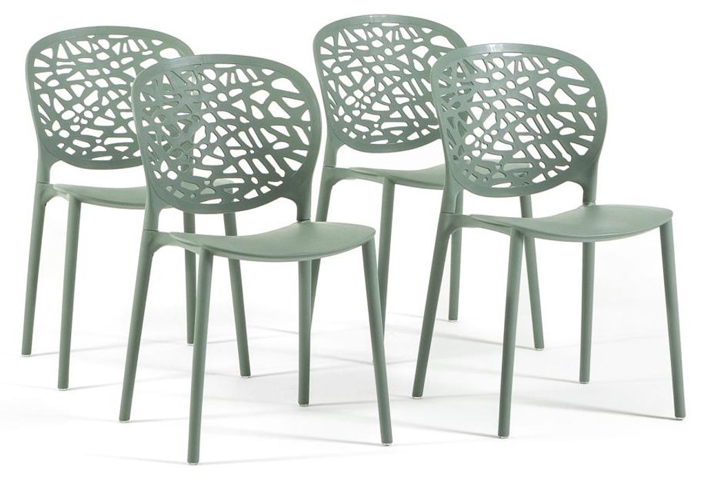 Set mit 4 stapelbaren Stühlen für Innen und Außen aus glasfaserverstärktem Polypropylen, dekorative durchbrochene Rückenlehne, für Garten Ter...