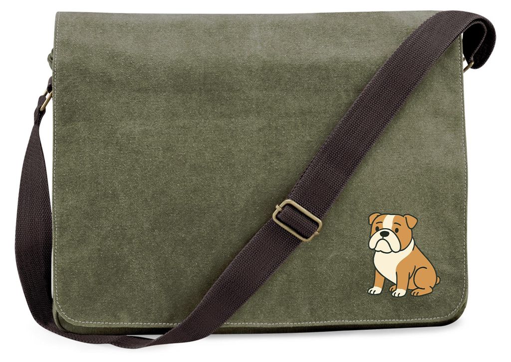 Huuraa Umhängetasche English Bulldog Comic Bully 14 Liter Military Green Canvas Laptoptasche Geschenkidee