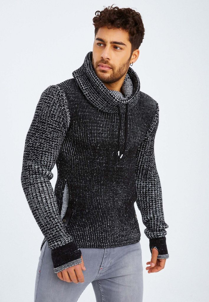 Leif Nelson Schalkragen Herren Strickpullover Grobstrick Schalkragen LN-5060, Schwarz Ecru / XXL