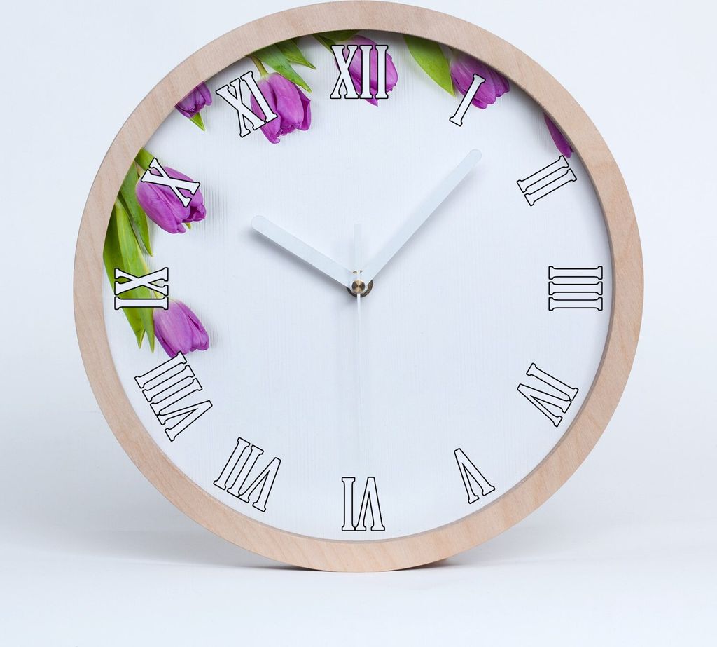 Holzuhr 25fi cm wanduhr - weiße Spitzen - lila Tulpen