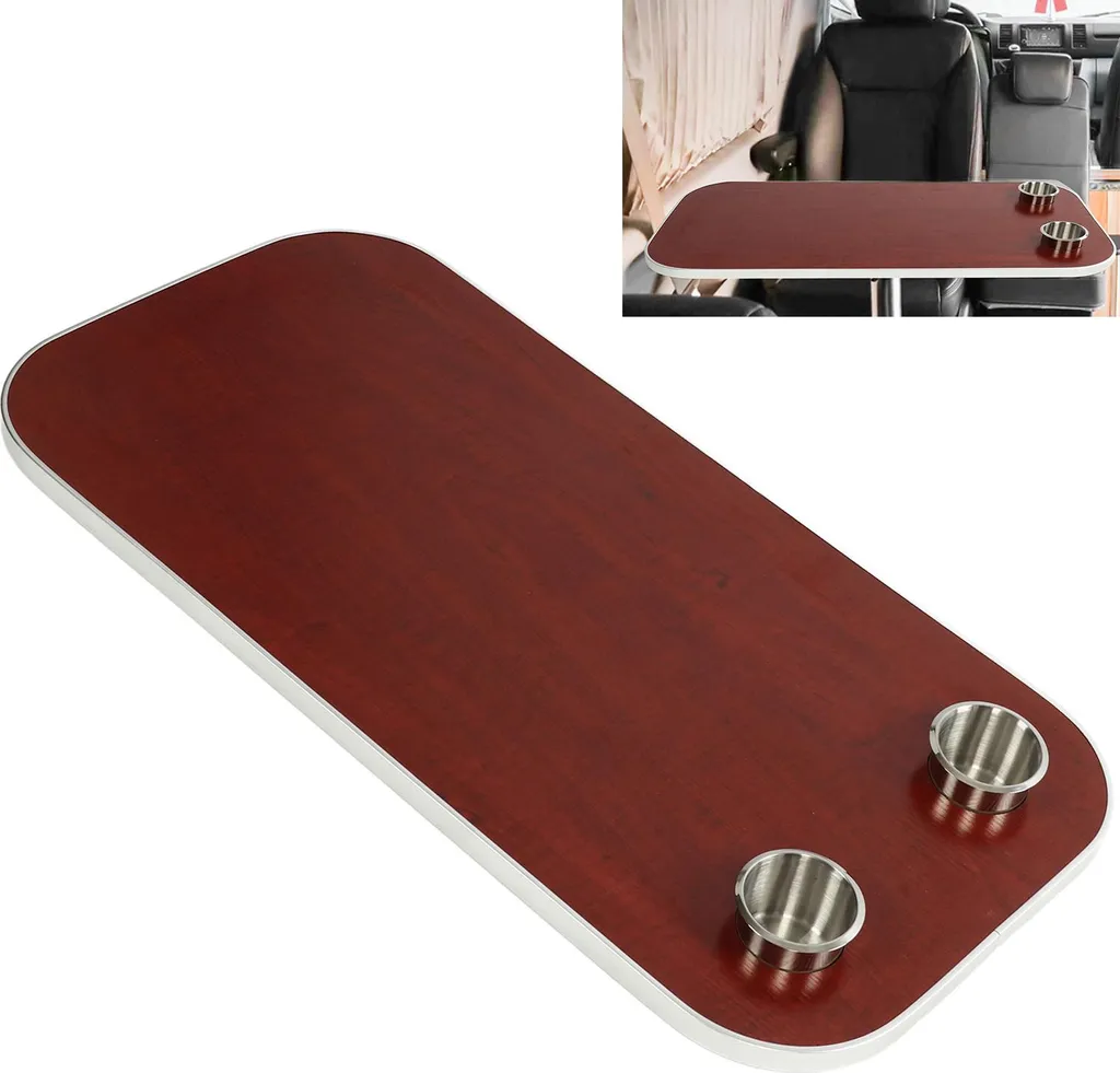 Plateau de table pour bateau en bois massif rouge foncé avec 2 porte-gobelets