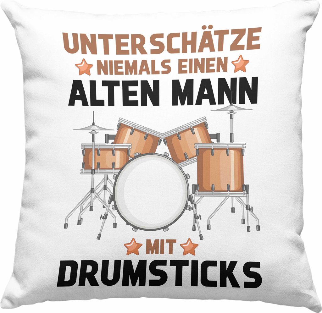 Trendation - Schlagzeug-Spieler Deko-Kissen mit Füllung 40x40 Geschenk Männer Kinder Geschenkidee Geburtstag Weihnachten Unterschätze Niemals Ei...