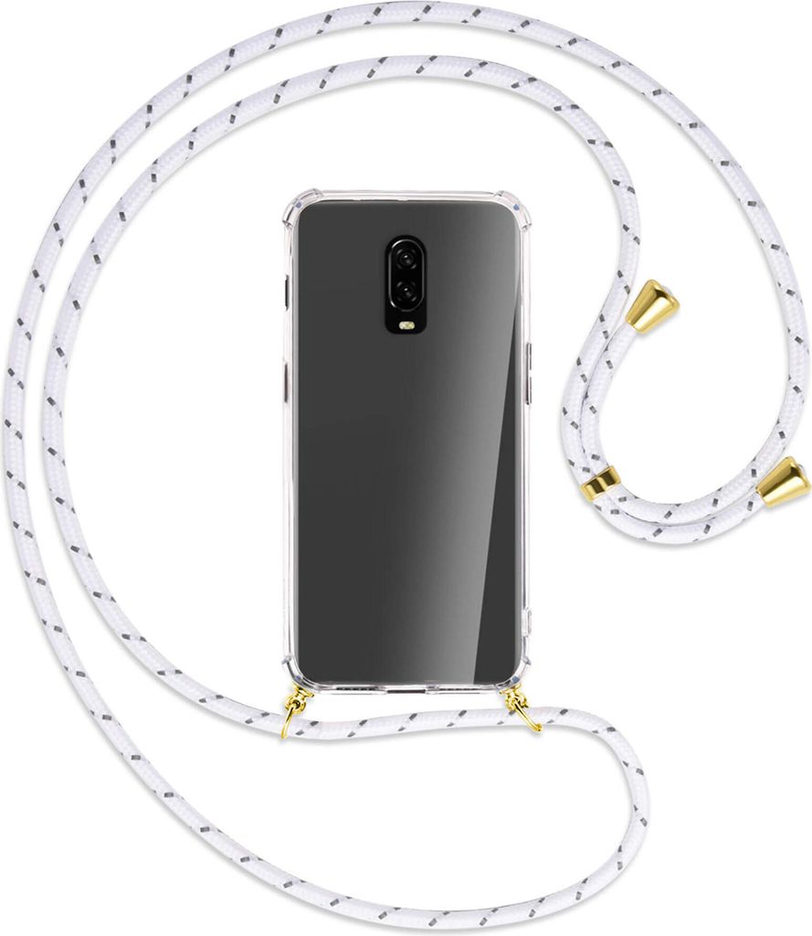Handykette Backcover-Schutzhülle mit Band (Metall goldfarben) für OnePlus 6T, OnePlus 7 - weiß/grau