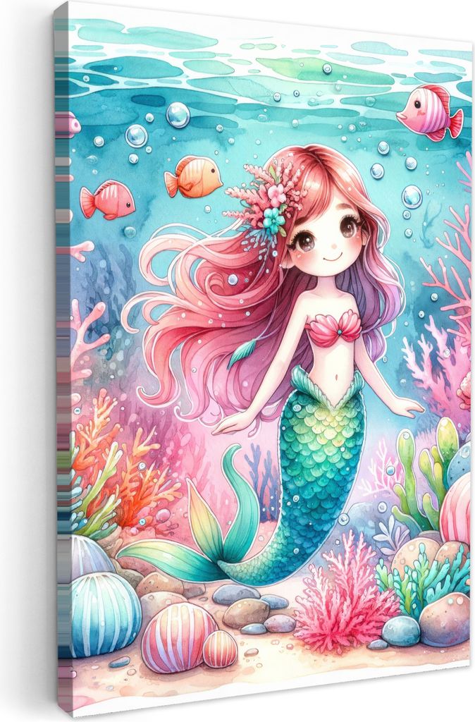 Leinwand Bilder 20x30 cm - Kinder Mädchen - Meerjungfrau - Bunt, Bilder Wohnzimmer Modern, Wanddeko