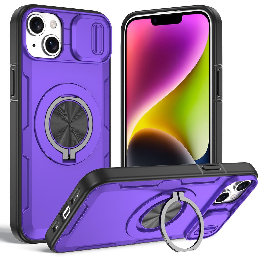 Magnetische Hülle für iPhone 13 /iPhone 14, Militär Stoßfest Handyhülle mit Kameraschutz und Ringhalter Ständer Lila