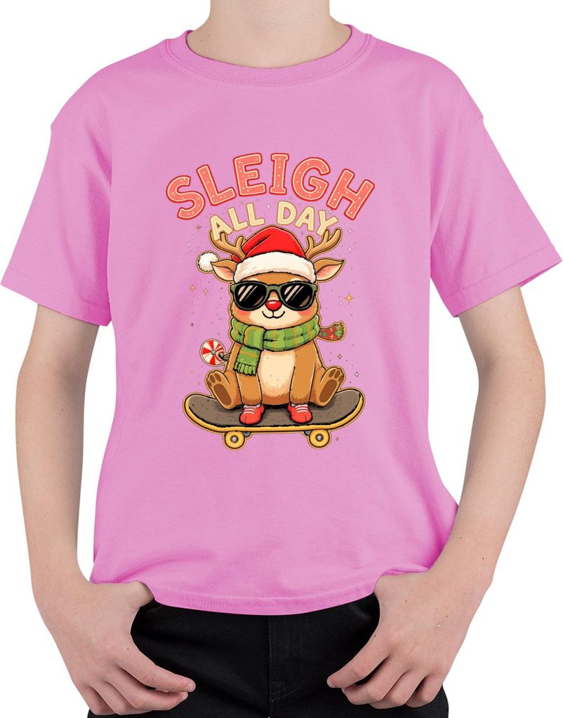 Sleigh All Day Rentier mit Sonnenbrille Skateboard Weihnachten Uni Kinder T-Shirt, Pink, 104