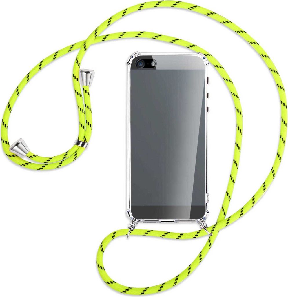 Handykette Backcover-Schutzhülle mit Band (Metall silberfarben) für Apple iPhone 5, 5S, SE - neongelb