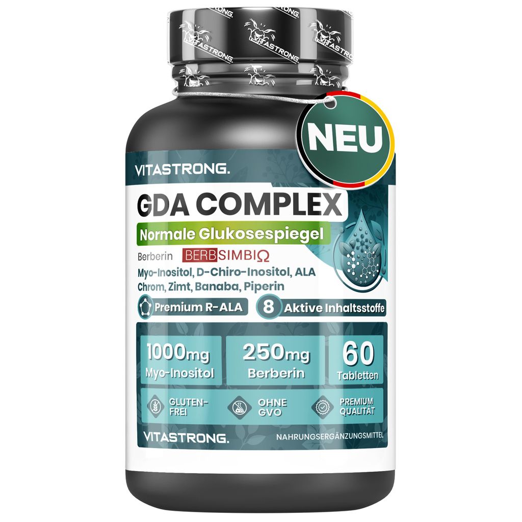 Vitastrong GDA Vegan Supplement – Unterstützt normalen Blutzucker, Steigert Energie & Stoffwechsel mit Berberin, Myo-Inositol & Chrom – 60 Tab...