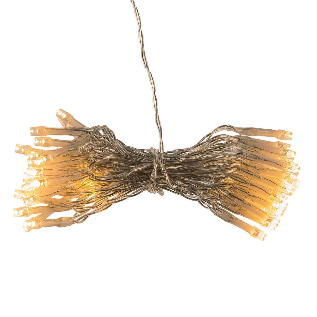 A bundle of LED string lights tied together with twine.
