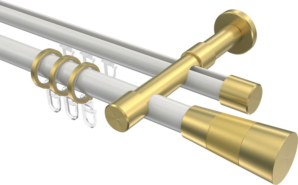 Interdeco Rundrohr-Innenlaufstange / Gardinenstange (Kombination) Weiß / Messing-Optik, Typ Prestige Tanara (Konus), 20 mm Ø 2-läufig, 260 cm