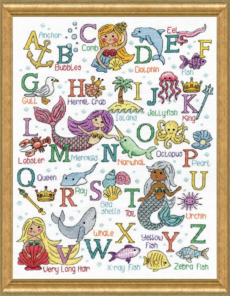 Tableau à broder point de croix ABC des Sirènes pour chambre d'enfant