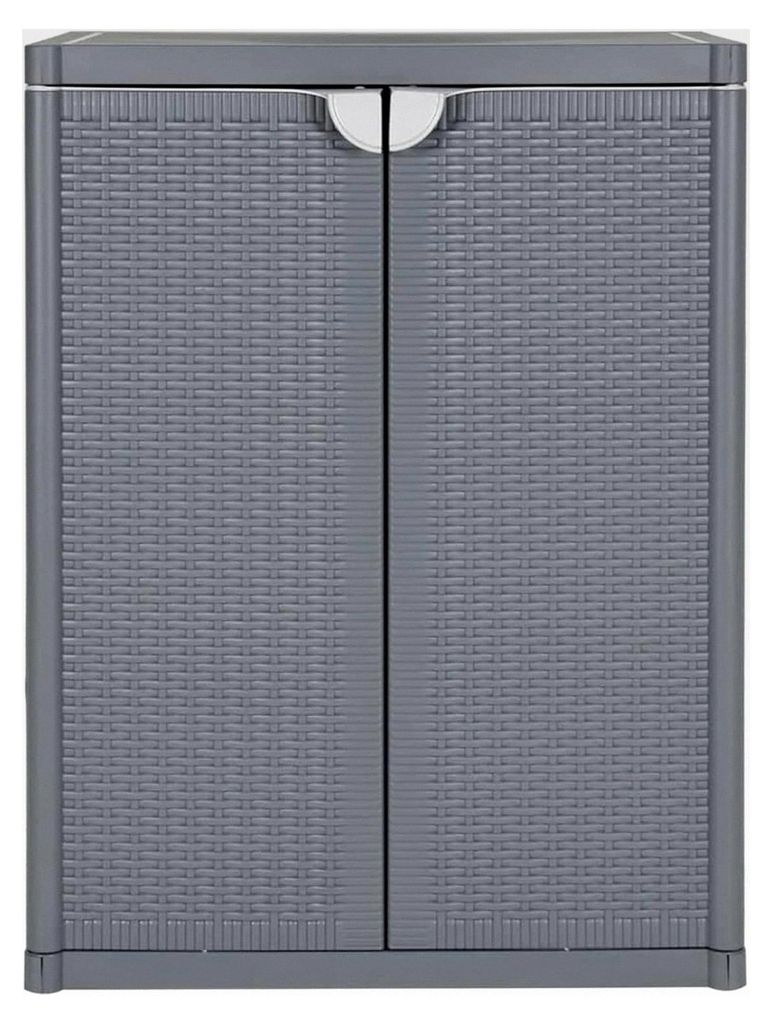Gartenschrank Grau PP Rattan-Optik mit 2 Ablagen und Griffen für Terrasse, Balkon und Gartenhaus 65x45x88 cm