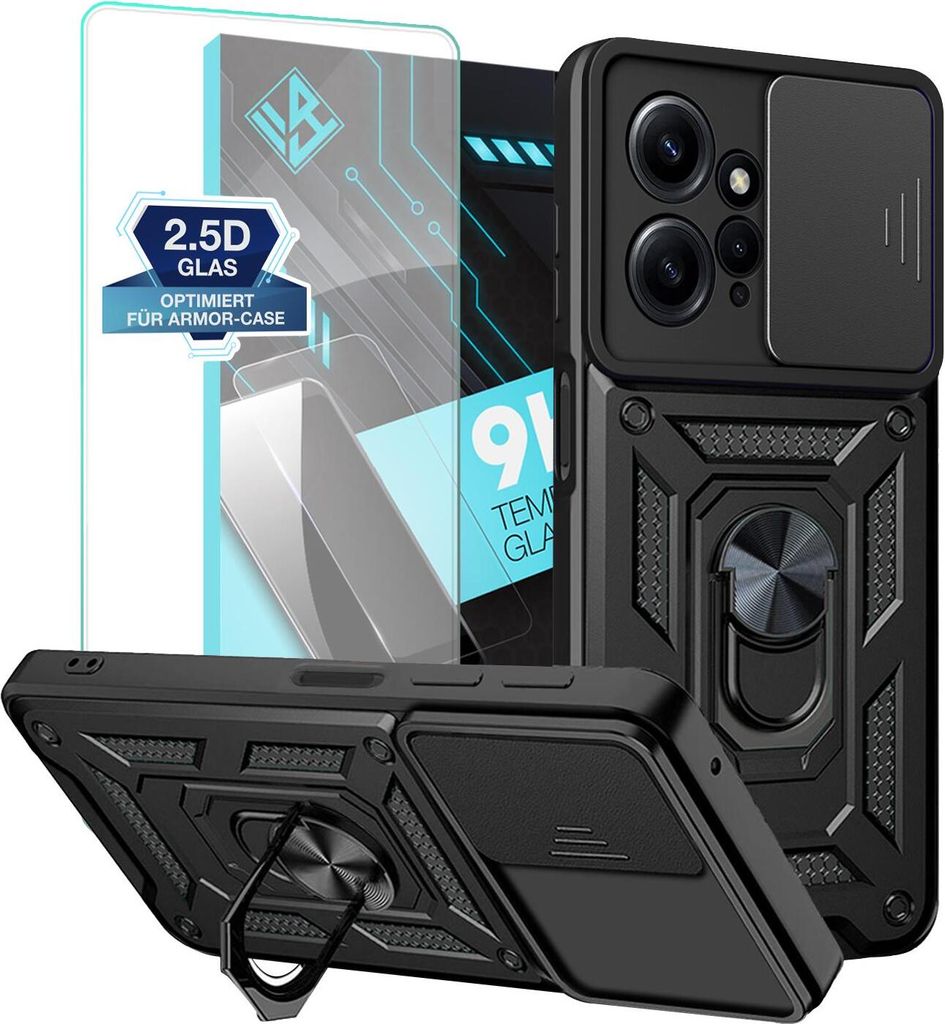 Armor Handyhülle für Xiaomi Redmi Note 12 mit 9H Displayglas Displayschutz Kameraschutz Handy Panzer Case Cover Schutzhülle Outdoor Farbe: Schwarz