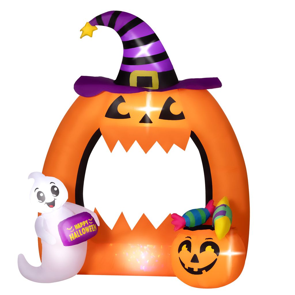 Outsunny 150Hcm aufblasbarer Halloween-Kürbisbogen mit niedlichem Geist, aufblasbare Halloween-Dekoration mit LED-Lichtern für Rasen, Garten, Hof