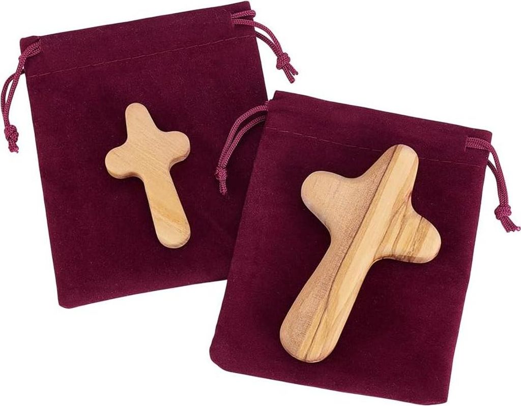 2 Stück 10,2 cm 6,3 cm Holz Hand Kreuz - Handgehaltenes Gebet - Massives Holzkreuz mit Samtbeutel - Kirchengeschenke für Ostern, Hochzeiten, Fest...