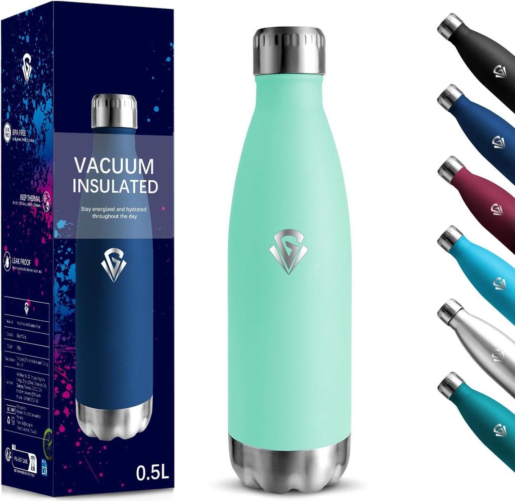 Trinkflasche, 500 ml BPA-frei, Trinkflasche Edelstahl, 18/8 Thermosflasche, Doppelwandig Vakuumisoliert, Wasserflasche Auslaufsicher für Schule,