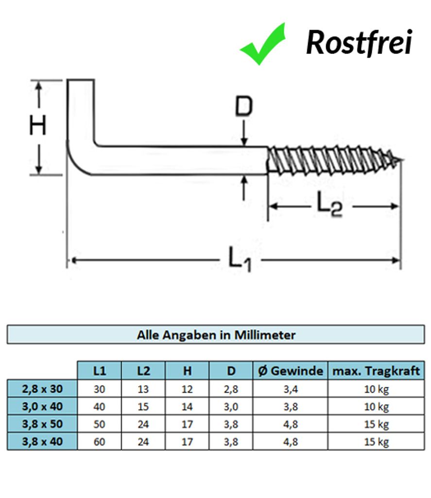 L-Haken Schraubhaken gerade Holzgewinde - Edelstahl V2A A2 (2,8 x 30mm - 25 Stk.)
