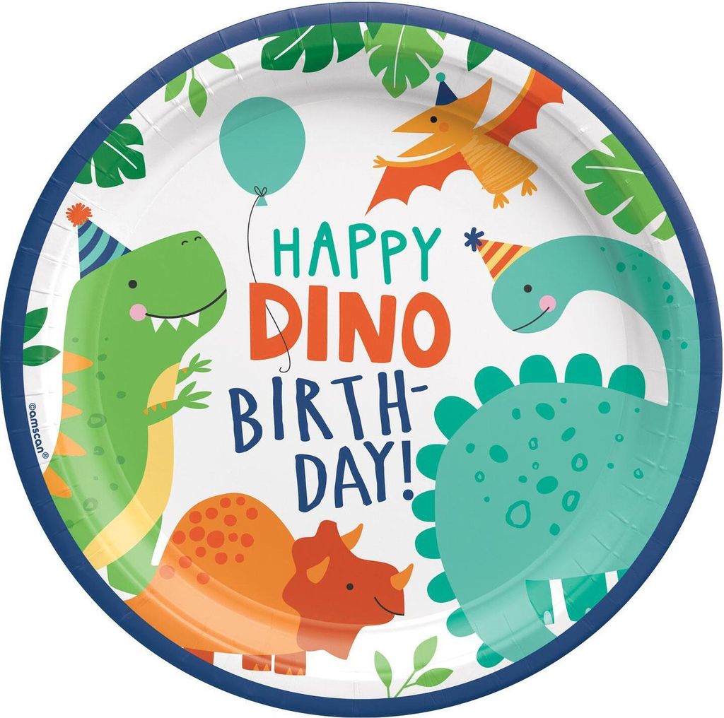 Amscan - Dinosaurier - Teller, Geburtstag 8er-Pack - Papier SG21720 (23 cm) (Grün/Orange/Blau)