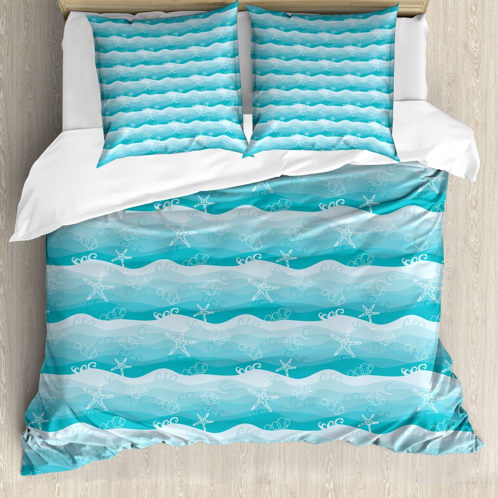 ABAKUHAUS Nautisch Bettbezug Set für Einzelbetten, Fische auf Ombre Meer Wellen, Milbensicher Allergiker geeignet mit Kissenbezug, 155 cm x 220 cm...
