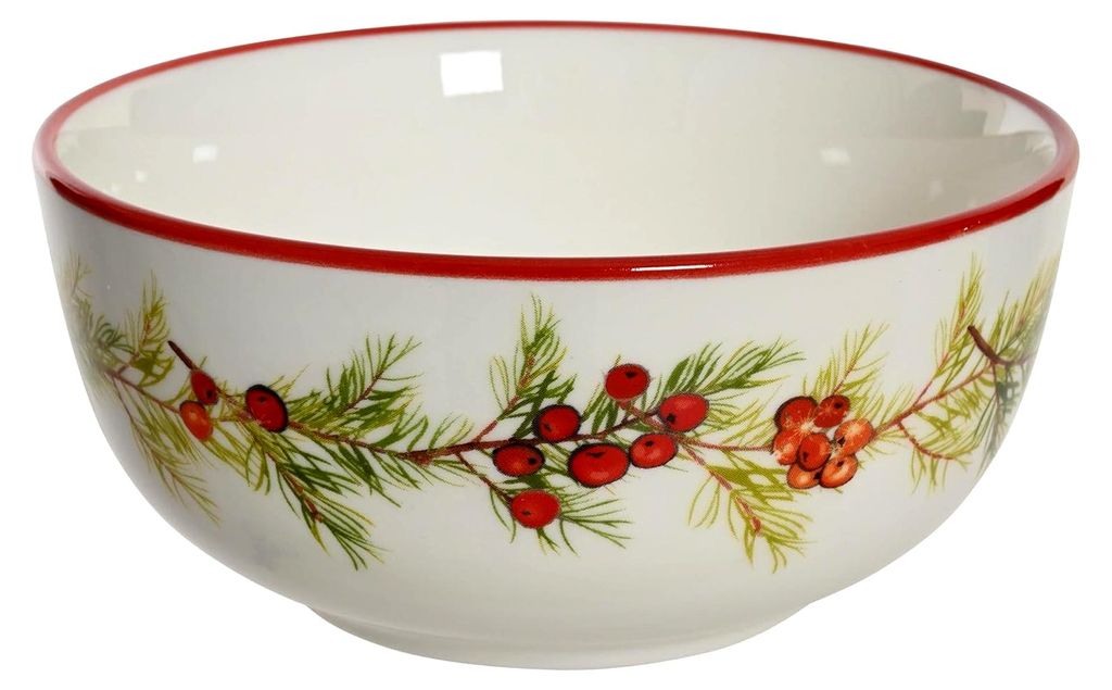 Müslischale aus Porzellan 14x6cm - Schüssel mit Tannenzweig- und Beerenmotiv - Geschirr für Weihnachten - Frühstücksgeschirr - Weiß Rot