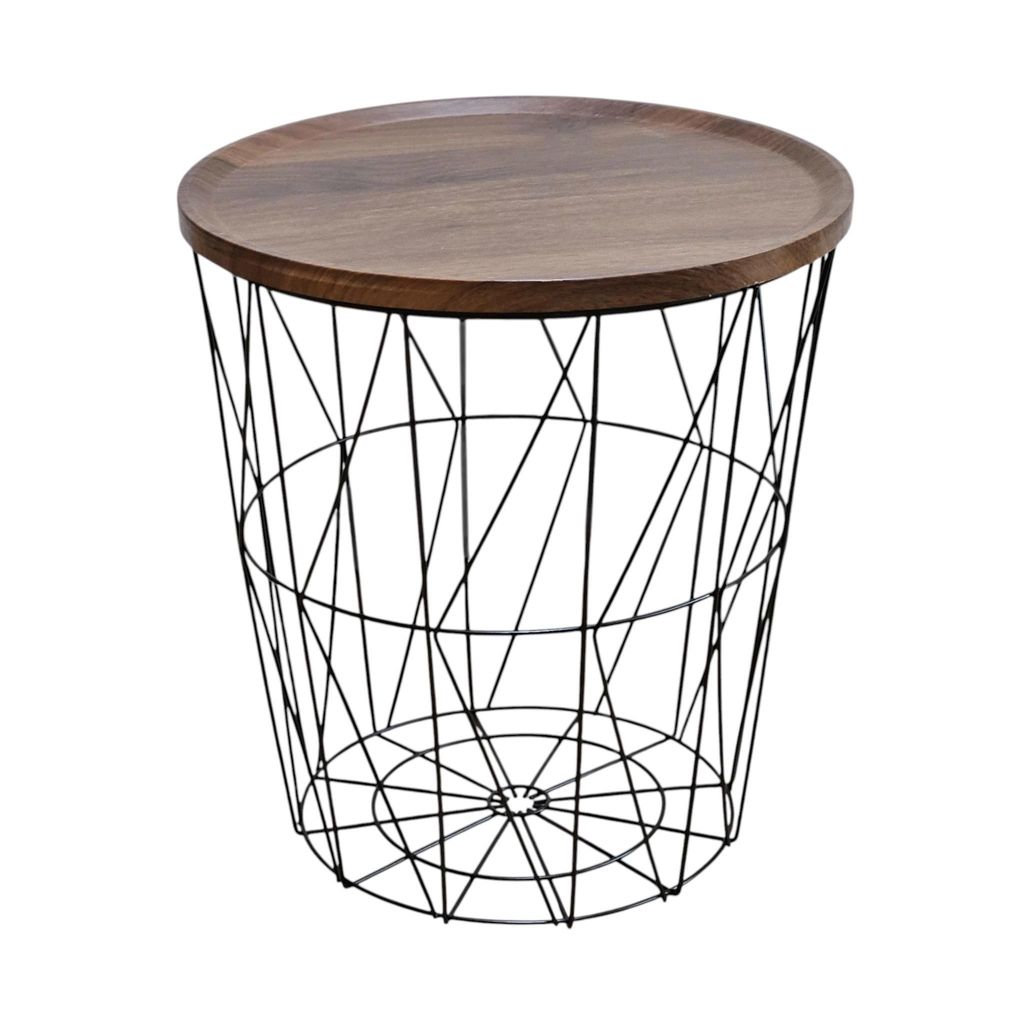 A round wooden tabletop sits atop a black wireframe basket base, presented against a white background.