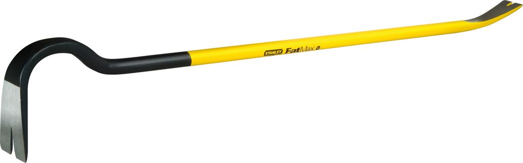 A yellow and black crowbar is shown against a white background.