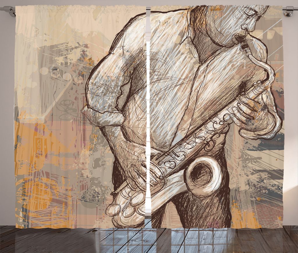 ABAKUHAUS Musik Rustikaler Gardine, Jazz-Musiker auf Straße, Schlafzimmer Kräuselband Vorhang mit Schlaufen und Haken, 280 x 175 cm, Brown Ecru
